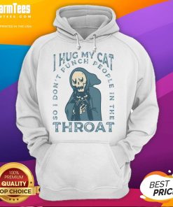 Funny skeleton hoodie with 'I hug my cat so I dont punch people in the throat' text, perfect for cat lovers.