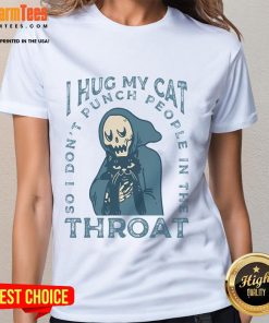 Funny I Hug My Cat Tee featuring cute skeleton ladies, perfect for cat lovers who enjoy humor and quirky fashion.