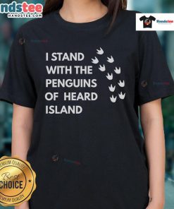 Funny 'I Stand With The Penguins Of Heard Island' ladies tee featuring playful penguin graphics and vibrant colors.