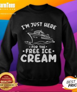 Family wearing matching 'I'm Just Here for the Free Ice Cream' sweatshirts on a fun cruise trip, enjoying time together.
