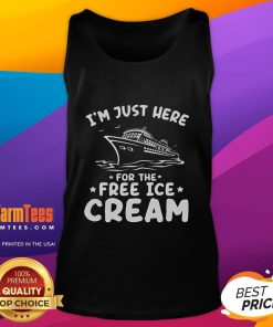Family enjoying a cruise wearing 'I'm Just Here For The Free Ice Cream' tank tops, showcasing fun and humor on vacation.