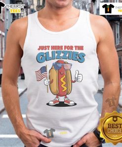 Alt Text: Funny tank top with I'm Just Here For The Glizzies slogan, perfect for Fourth of July wiener celebrations.