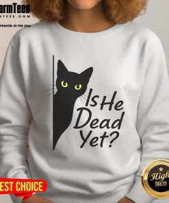Funny vintage sweatshirt featuring 'Is He Dead Yet?' dark humor saying perfect for casual wear and humor lovers.