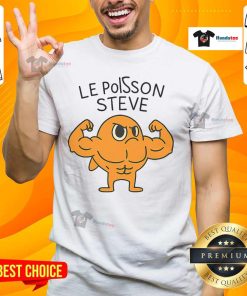 Alt Text: Funny Le Poisson Steve muscular fish cartoon T-shirt design featuring a playful and vibrant aquatic character.