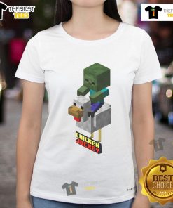 Funny Minecraft jockeys riding cute chickens on a ladies tee, perfect for gamers and chicken lovers in 2025.