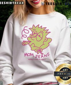 Funny mom jeans outfit with Honey TV and MJ 420 Bart smoking sweatshirt, showcasing a trendy and humorous style.
