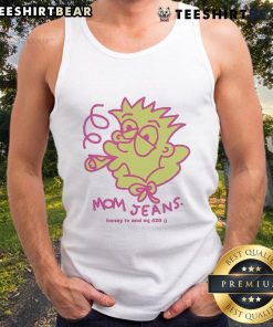 Funny mom jeans with 'Honey' graphic, paired with a Bart Simpson smoking tank top for a trendy, casual look.