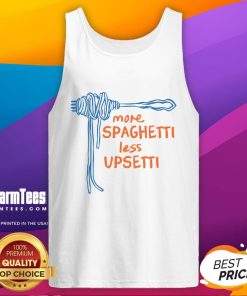 Funny More Spaghetti Less Upsetti Tank Top featuring playful text design perfect for casual wear and pasta lovers.