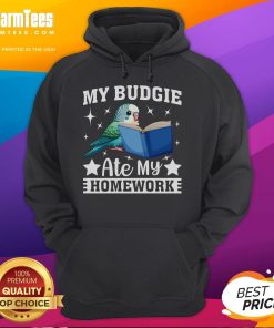 Alt Text: Funny My Budgie Ate My Homework hoodie featuring a playful budgerigar parakeet design, perfect for bird lovers.