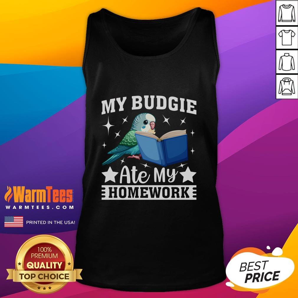 Funny My Budgie Ate My Homework Budgerigar Parakeet Tank Top Funny budgerigar parakeet wearing a tank top that says 'My Budgie Ate My Homework' in a colorful, playful setting.