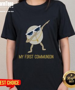 Funny My First Communion Dabbing Wafer Ladies Tee featuring a playful design for 1st Communion celebrations.