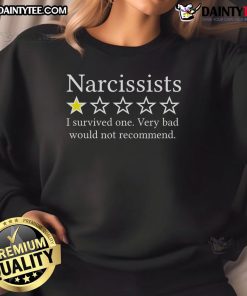 Funny Narcissist 1-Star Rating sweatshirt featuring 'I Survived One Very Bad, Would Not Recommend' design.