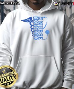 Funny nurse wearing a Registered Nursing hoodie, showcasing humor in health care apparel for dedicated professionals.