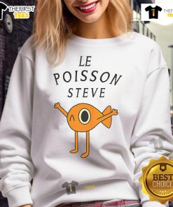 Alt Text: Funny orange fish graphic on a sweatshirt, featuring Steve Le Poisson, perfect for ocean lovers and casual wear.