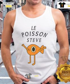 Funny orange fish named Steve in a tank top, showcasing vibrant colors and quirky personality in a playful aquarium setting.