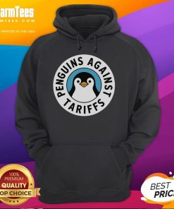 Funny penguin wearing a hoodie at a protest against tariffs, showcasing a humorous take on penguins resisting economic issues.