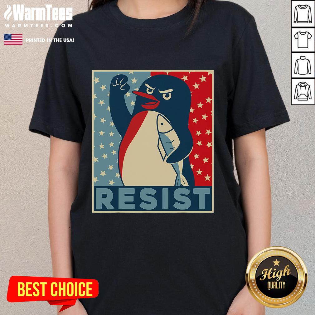 Funny Penguin Resist Penguins Protest Against Tariffs Ladies Tee Funny penguin protesting against tariffs on a ladies tee, showcasing humor and activism in a playful design.