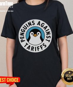 Alt Text: Funny penguin protest graphic on ladies tee, featuring penguins resisting tariffs in a humorous design.