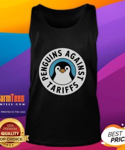 Funny penguin wearing a tank top protesting against tariffs at a rally, showcasing the humor of 'Resist Penguins.'