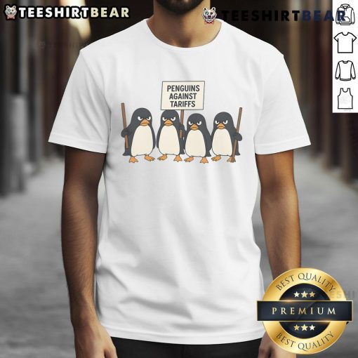 Funny Penguin T-shirt featuring cartoon penguins protesting against tariffs with humorous signs and expressions.