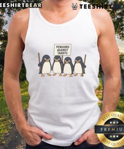 Funny penguin tank top featuring penguins protesting against tariffs in a humorous cartoon style.