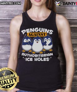 Funny penguins wearing tank tops protest against authoritarian ice holes in a playful and humorous winter scene.