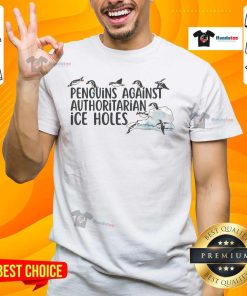 Funny penguins graphic on a sarcastic T-shirt mocking authoritarian ice holes, perfect for humor lovers.