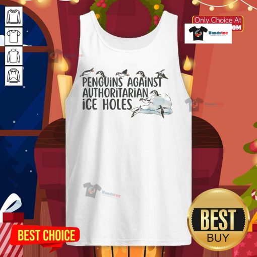 Funny penguins wearing sarcastic tank tops mocking authoritarian ice holes, perfect for quirky fashion lovers.
