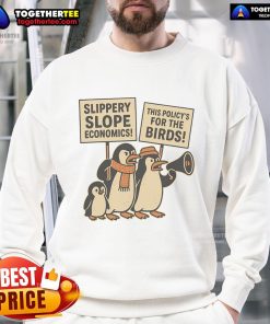 Funny penguins on a sweatshirt advocating against tariffs on Heard Island, perfect for penguin lovers and activists.