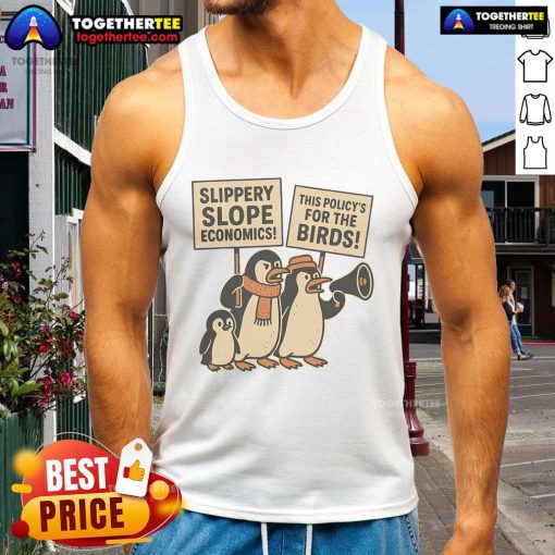 Funny penguins wearing tank tops protest against tariffs on Heard Island, showcasing their resistance with humor.