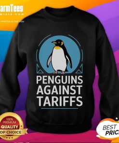 Funny penguins protesting against tariffs on a colorful sweatshirt design, perfect for making a bold statement.