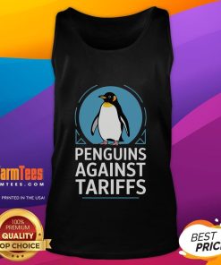 Funny penguins in protest against tariffs wearing tank tops, showcasing their humorous stance on anti-tariff issues.
