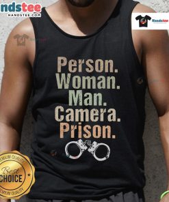 Funny woman and man posing for a camera in a prison tank top, showcasing their playful personalities and unique style.