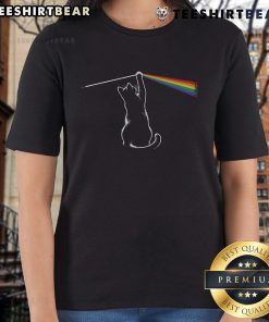 Funny cat ladies tee featuring a playful cat interacting with light, perfect for feline lovers and humor enthusiasts.