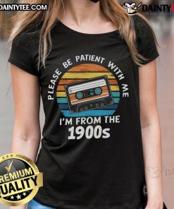 Vintage sunset ladies tee featuring a humorous 'Please Be Patient, I'm From the 1900s' VHS tape design.