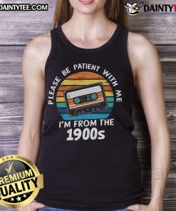 Vintage sunset tank top with 'Please Be Patient, I'm From The 1900s' VHS tape design, perfect for retro fashion lovers.