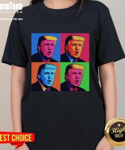 Funny Pop Art Donald Trump Retro Ladies Tee featuring vibrant colors and a humorous portrait of Trump in pop art style.