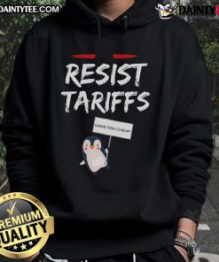 Alt Text: Funny penguin hoodie design with 'Resist Tariffs, Make Fish Cheap' slogan, perfect for humor-loving fashion enthusiasts.