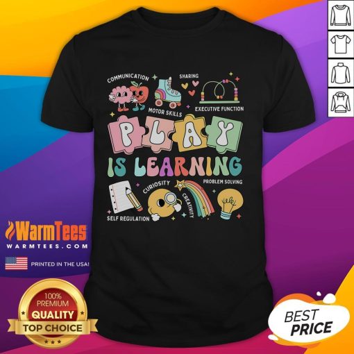 Alt Text: Funny retro groovy Play Is Learning t-shirt for kindergarten teachers in daycare, perfect for playful education vibes.