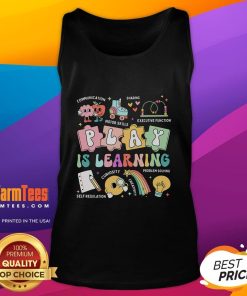 Funny retro groovy tank top for kindergarten teachers promoting play as learning in daycare settings.