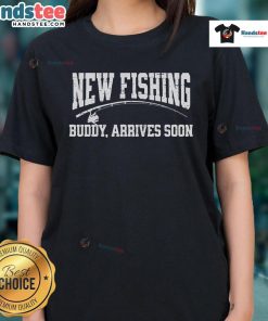 Funny retro tee for fish lovers with 'New Fishing Buddy Arrives Soon' slogan, perfect for dads and fishing enthusiasts.