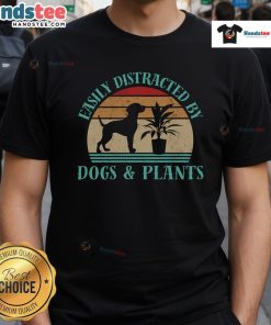 Funny retro vintage t-shirt design saying 'Easily Distracted By Dogs And Plants' with playful graphics.