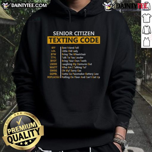 Funny senior citizens texting code on a grandpa hoodie, showcasing humor and style for older adults.