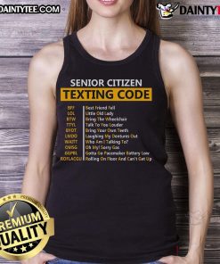 Funny senior citizens texting code on grandpa's tank top, showcasing humor and modern communication among older adults.