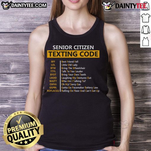 Funny senior citizens texting code on grandpa's tank top, showcasing humor and modern communication among older adults.