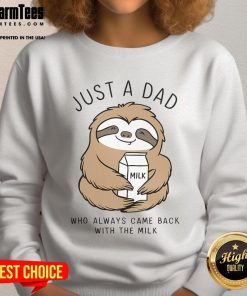Alt Text: Funny sloth sweatshirt reading Just a dad who always came back with the milk, perfect for sloth lovers and dads.