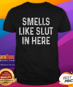Funny Smells Like Slut In Here offensive adult humor T-shirt featuring bold text design for comedic style.
