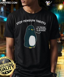 Funny Stop Penguin Tariffs T-Shirt featuring a playful penguin design, perfect for humor lovers and business enthusiasts.