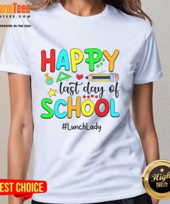 Funny summer teacher lunch lady celebrating last day of school, wearing a cheerful tee with a smile.