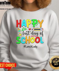 Alt Text: Happy lunch lady wearing a Funny Summer Teacher sweatshirt on the last day of school, celebrating with joy.